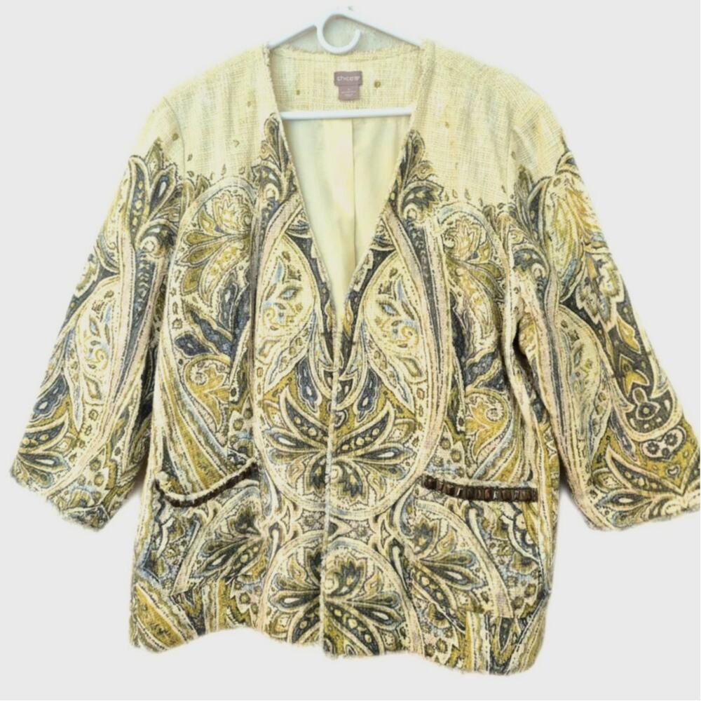 Chico's Jacket Size XXL Cotton Woven Open Front Blazer Office Career Luxury